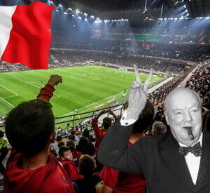 immagine di stadio con churchill in sovrimpressione